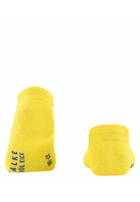 Calzini gialli alla caviglia realizzati in materiale morbido e traspirante. Presentano un polsino a coste e un marchio blu lungo il lato. Design della punta senza cuciture.