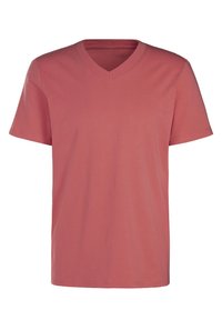 V-Ausschnitt T-Shirt aus weichem Baumwollstoff in einem sanften Korallton. Mit kurzen Ärmeln und einem lockeren Schnitt. Glatte Textur ohne Muster.
