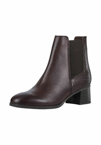 Braune Leder-Stiefelette mit glatter Oberfläche, elastischen Seitenpaneelen und strukturiertem Krokodilmuster auf der Rückseite, ausgestattet mit einem niedrigen, gestapelten Absatz.
