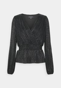Blusa preta de mangas longas com um design envolto, tecido texturizado com manchas prateadas brilhantes e uma cintura franzida.