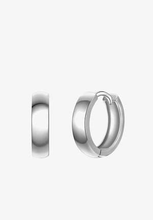 Cercei rotunzi din argint, cu un finisaj neted și lustruit; formă circulară; închidere tip balama; expuși din perspective laterale și frontale.