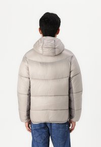 Gewatteerde jas in lichtgrijs met een capuchon, voorzien van een geborduurd ontwerp, lange mouwen en een zachte, gladde textuur.