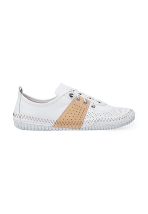 White leather shoes with beige accents, perforated details, and zigzag stitching. Features a rounded toe and rubber sole with textured grip.