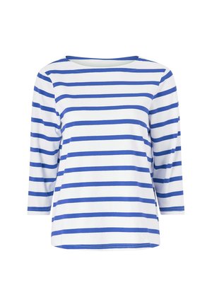 Gestreiftes Langarmshirt in Weiß und Blau, mit einem Rundhalsausschnitt und einer lockeren Passform. Hergestellt aus weichem, leichtem Stoff.