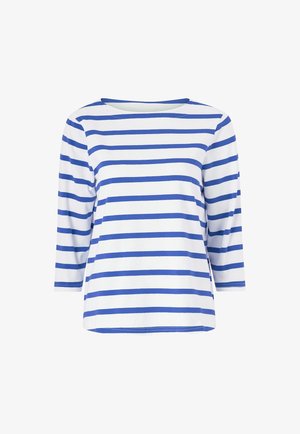 Gestreiftes Langarmshirt in Weiß und Blau, mit einem Rundhalsausschnitt und einer lockeren Passform. Hergestellt aus weichem, leichtem Stoff.