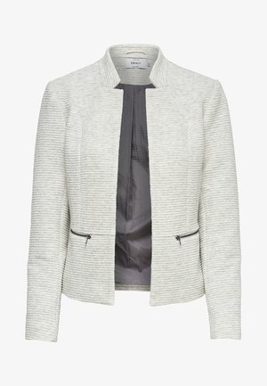 Blazer para mujer de color gris claro con textura, cuello alzado, bolsillos frontales con cremallera y forro interior de color gris oscuro, talla 38.