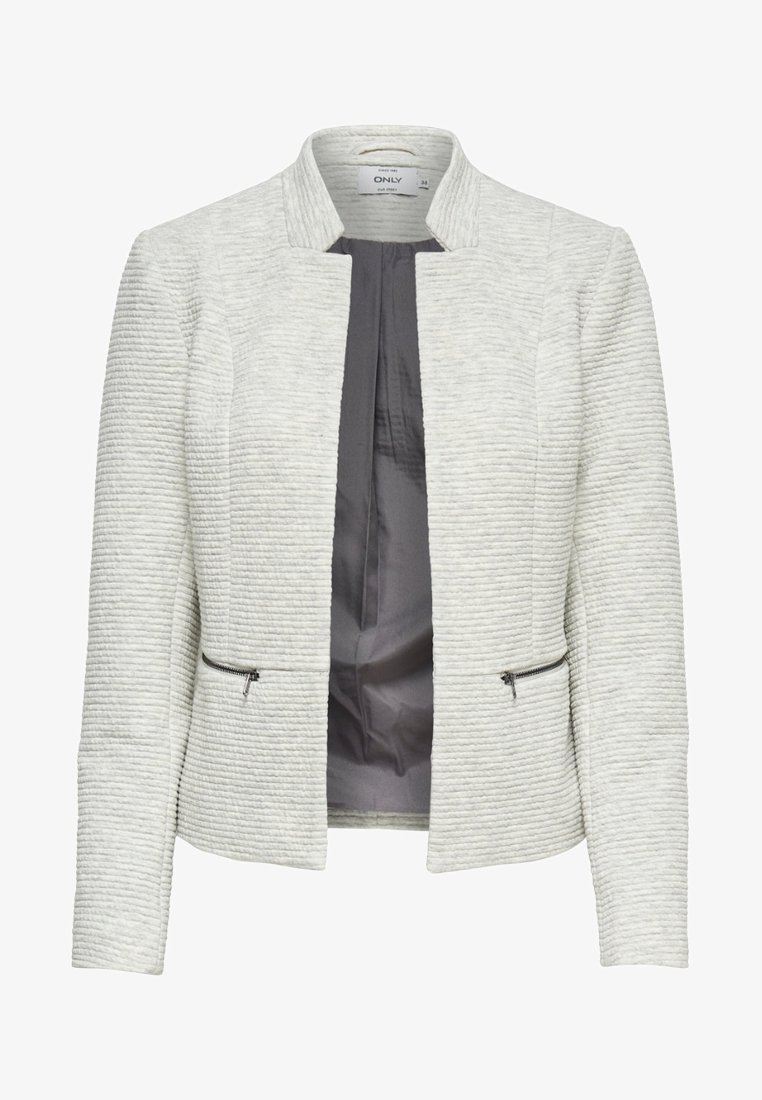 Blazer pour femme gris clair texturé avec col montant, poches zippées devant, doublure intérieure gris foncé, taille 38.