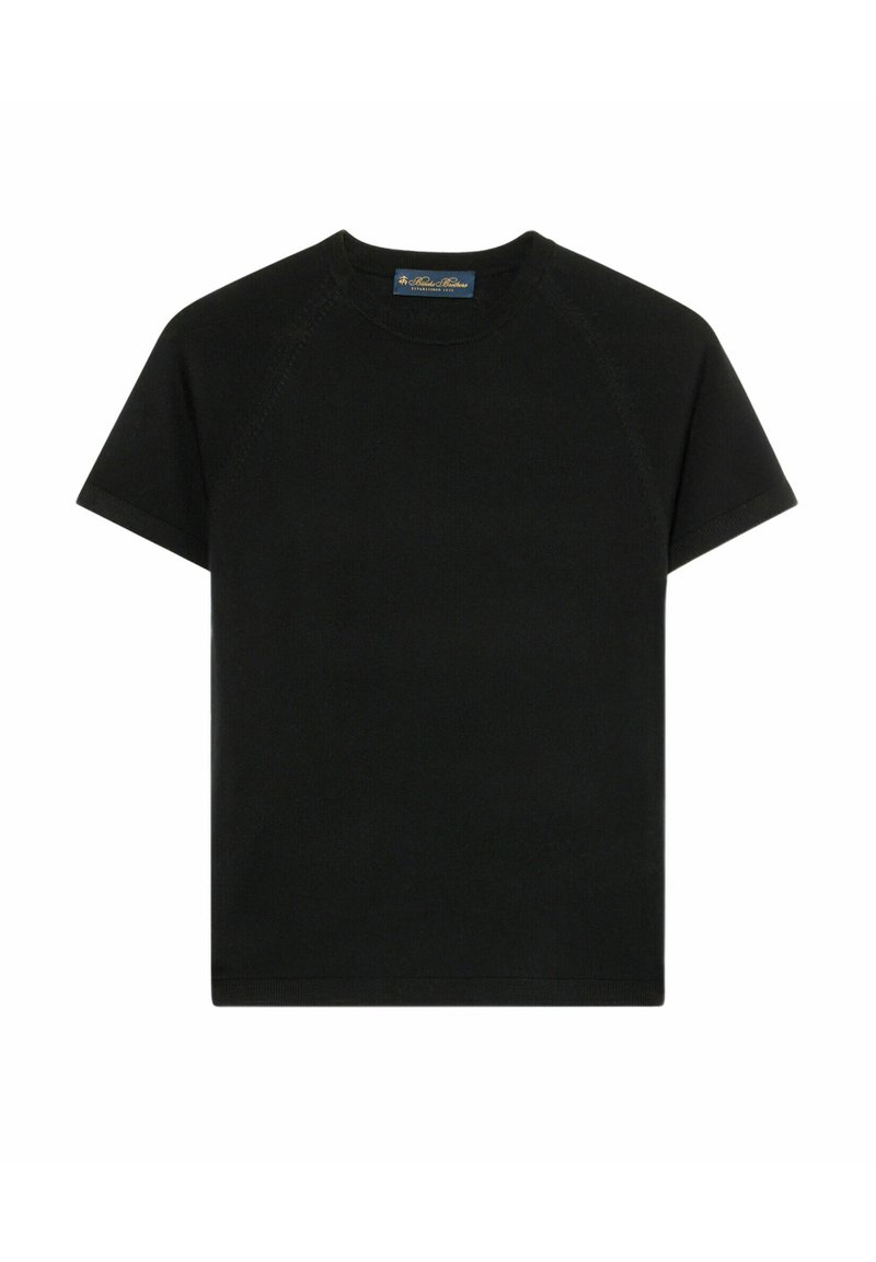 T-shirt nera in morbido cotone, con collo rotondo, maniche corte e un design semplice senza motivi o decorazioni.