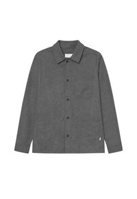 Γκρι σακάκι με κουμπιά φτιαγμένο από υφασμάτινη επιφάνεια, με γιακά, δύο μπροστινές τσέπες και μια διακριτική ετικέτα μάρκας στη χαμηλή πλευρά.