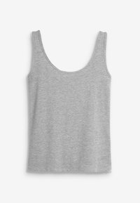 Débardeur gris avec un décolleté échancré et de larges bretelles, fabriqué en coton léger et doux, présentant une texture lisse.