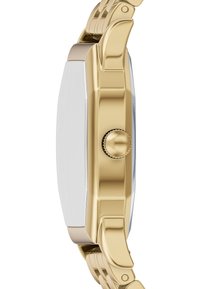 Gold-tone wristwatch with a rectangular case, smooth white dial, crown detail on the side, and a metal bracelet strap.