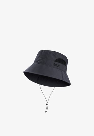 Chapeau seau gris foncé avec large bord, filet de ventilation, sangle de menton ajustable et logo "Jack Wolfskin" sur le côté.