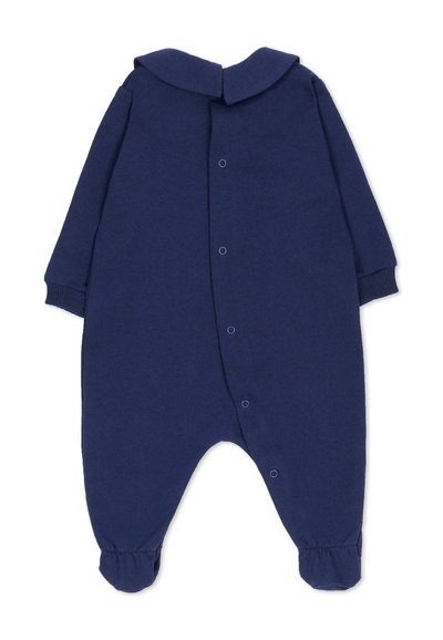 Body blu navy in tessuto morbido, con ampio colletto, maniche lunghe e bottoni a scatto sul davanti e sulle gambe. Orli con polsini.