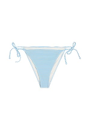 Blauw-witte bikini onderkant met horizontale strepen en verstelbare zijstrikken op een witte achtergrond.
