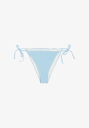 Blauw-witte bikini onderkant met horizontale strepen en verstelbare zijstrikken op een witte achtergrond.