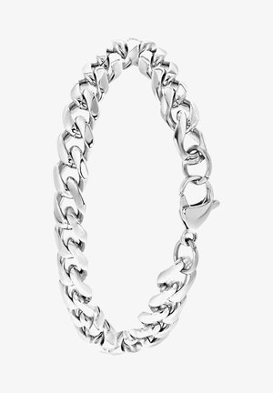 Silberne Kettenarmband mit ineinandergreifenden Gliedern und polierter Oberfläche. Verfügt über einen Verschluss für sicheren Halt. Glatte Textur über die gesamte Länge.