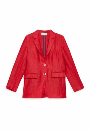 Bright red single-breasted blazer with notch lapels, two white buttons, flap pockets, and a blue striped inner lining, laid flat.