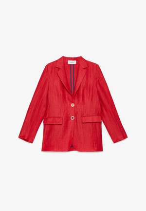 Bright red single-breasted blazer with notch lapels, two white buttons, flap pockets, and a blue striped inner lining, laid flat.