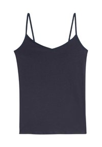 Granatowy top na cienkich regulowanych ramiączkach, z dekoltem w kształcie litery V, wykonany z gładkiej, elastycznej tkaniny dla wygody. Prosty, minimalistyczny design.