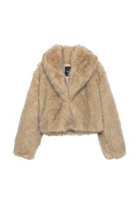 Nepbont cropped jasje in lichtbeige, met een brede kraag en lange mouwen. Zachte textuur met zichtbare stikdetails.