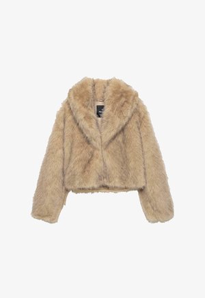 Jachetă cropped din blană sintetică în bej deschis, cu guler lat și mâneci lungi. Textură moale cu detalii de cusătură vizibile.