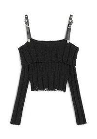 Zwarte geribbelde crop top met lange mouwen, met een off-shoulder ontwerp en leren banden met metalen sluitingen. Textuurstof met uitsnijdingen.