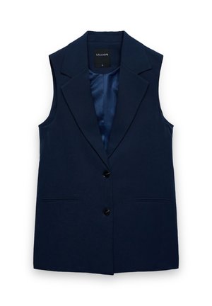 Ärmelloser Blazer in Marineblau aus glattem Stoff, mit Reverskragen, zwei Fronttaschen und zwei schwarzen Knöpfen. Gefüttertes Innenfutter.