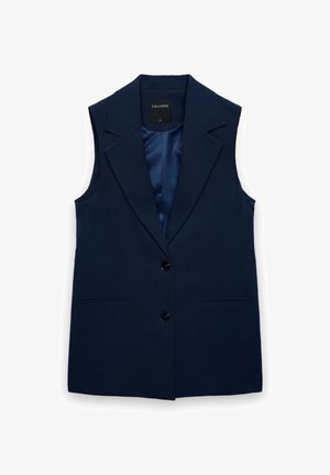 Ärmelloser Blazer in Marineblau aus glattem Stoff, mit Reverskragen, zwei Fronttaschen und zwei schwarzen Knöpfen. Gefüttertes Innenfutter.