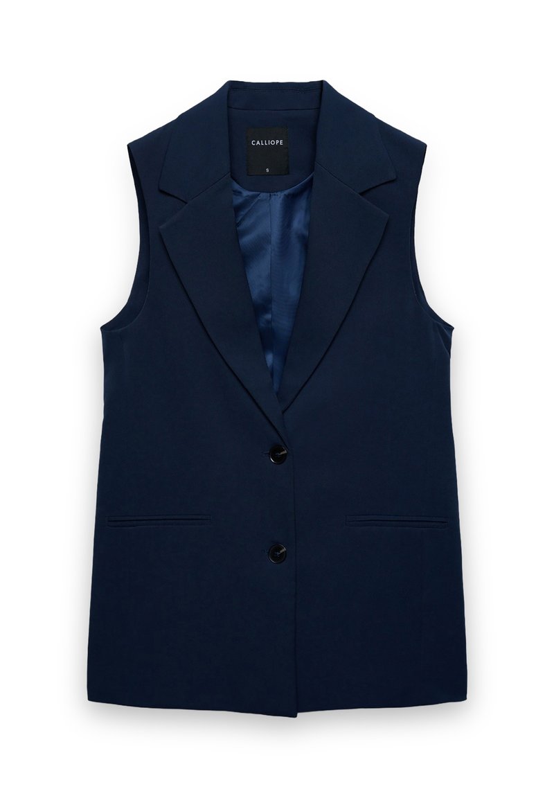 Ärmelloser Blazer in Marineblau aus glattem Stoff, mit Reverskragen, zwei Fronttaschen und zwei schwarzen Knöpfen. Gefüttertes Innenfutter.