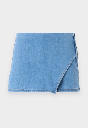 Denim mini skirt in light blue, featuring a wrap design, frayed hem, and a smooth texture. No additional embellishments or patterns.