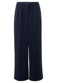 Marinen blå vida byxor gjorda av slät tyg, med knappstängning fram, veckad design och sidofickor för funktion.