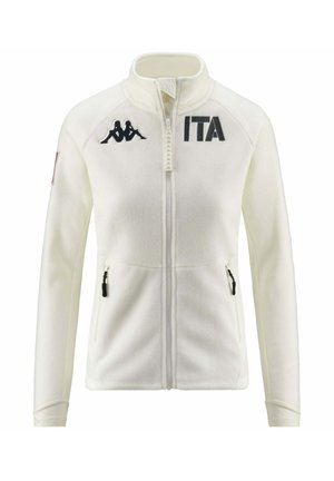 Giacca di pile bianca con colletto alto, zip frontale, logo "ITA" in nero, logo Kappa sul petto e tasche laterali con zip. Texture liscia.