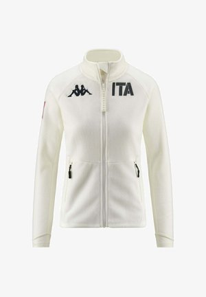 Giacca di pile bianca con colletto alto, zip frontale, logo "ITA" in nero, logo Kappa sul petto e tasche laterali con zip. Texture liscia.