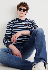 Camisa de manga larga a rayas azul y negra con escote redondo y un pequeño logo naranja. Unos jeans de mezclilla y unas gafas de sol negras completan el atuendo.