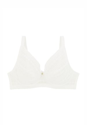 Soutien-gorge en dentelle blanche avec un motif géométrique texturé, bretelles réglables et un petit bouton décoratif au centre. Bords festonnés.