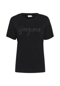 Sort bomulds T-shirt med korte ærmer, der har "Gorgeous" broderet i gylden skrift på forsiden. Rundet halsudskæring, afslappet pasform.