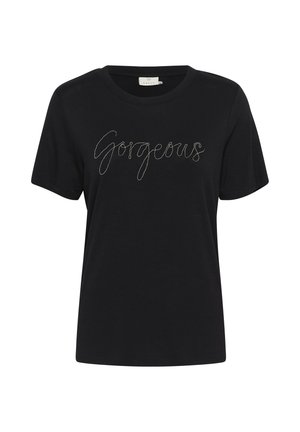 Zwarte katoenen T-shirt met korte mouwen, met "Gorgeous" geborduurd in gouden letters over de voorkant. Ronde halslijn, relaxte pasvorm.