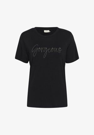 Black cotton t-shirt with short sleeves, featuring "Gorgeous" embroidered in gold script across the front. Rounded neckline, relaxed fit.