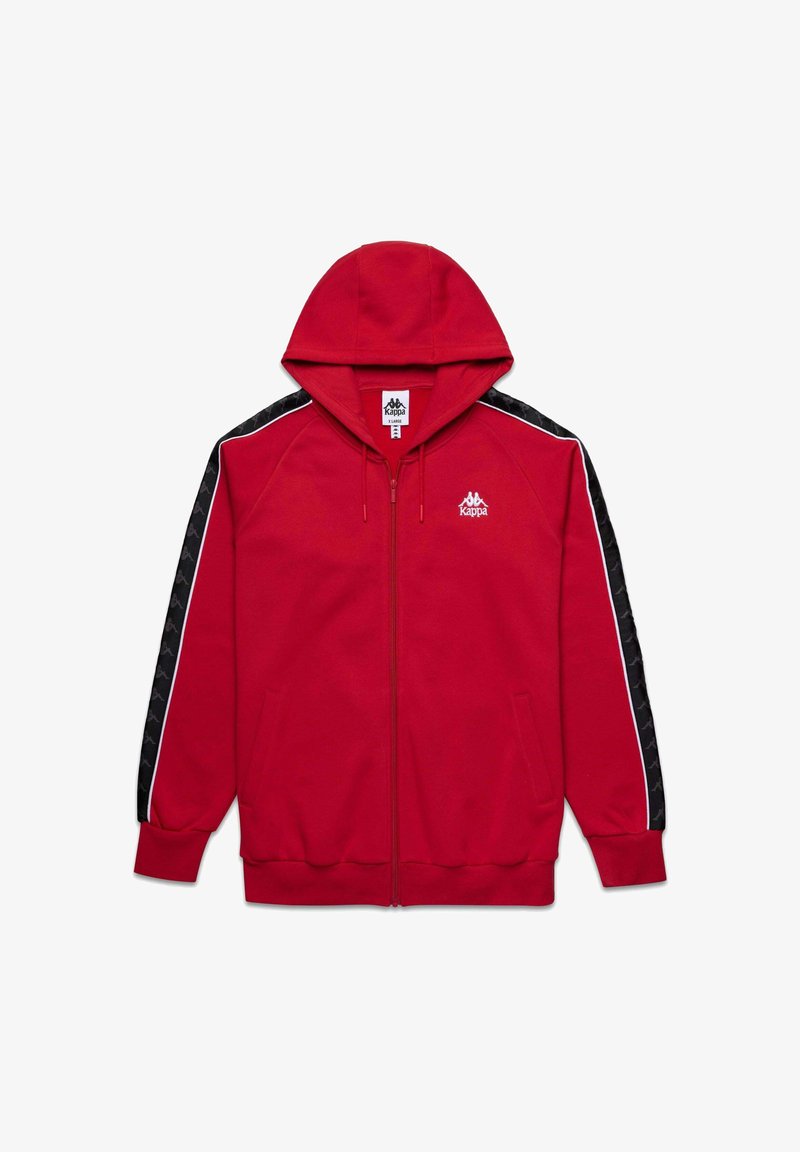 Hoodie zippé rouge Kappa avec des rayures à motifs noirs et un liseré blanc sur les manches, les poches avant et le logo sur la poitrine gauche.
