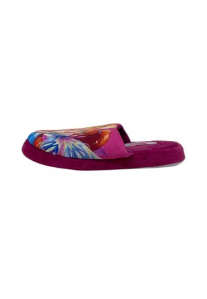 Pantofole rosa con un design floreale colorato sulla parte superiore. Texture morbida e design a profilo basso, con una suola imbottita per il comfort.