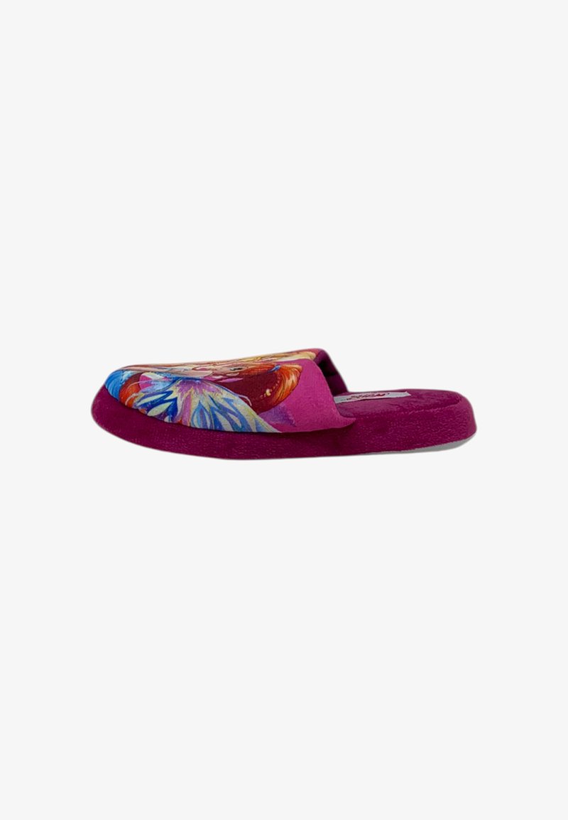 Pantofole rosa con un design floreale colorato sulla parte superiore. Texture morbida e design a profilo basso, con una suola imbottita per il comfort.