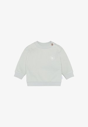 Maglioncino per bambini a maniche lunghe di colore grigio chiaro con polsini a coste, bottone vicino al collo e piccolo logo a forma di mela con testo sul petto.