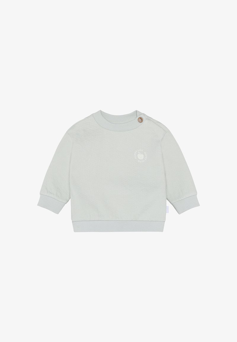 Hellgrauer Baby-Pullover mit langen Ärmeln, gerippten Bündchen, Knopf am Halsausschnitt und kleinem Apfel-Logo mit Text auf der Brust.