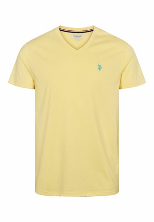 Kollane V-kaelusega t-särk, mis on valmistatud pehmest puuvillast. Esiküljel on väike akvamarine logo vasakul rinnal ja klassikaline lõige. Lühikesed varrukad ja lihtne disain.