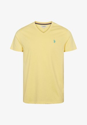 Geltonas V formos iškirptės marškinėliai, pagaminti iš minkštos medvilnės. Yra mažas akvamarino spalvos logotipas kairėje krūtinės pusėje ir klasikinis siluetas. Trumpomis rankovėmis ir paprastas dizainas.