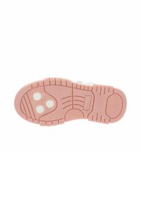 Suola della scarpa con una base in gomma rosa, caratterizzata da un motivo di grip testurizzato e tre accenti circolari bianchi; progettata per trazione e stabilità.