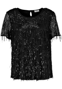 Top nero a maniche corte con dettagli in frange. Realizzato in tessuto leggero, con paillettes lucide e chiusura a oblò sul retro.