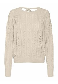 Maglione lavorato a maglia crema con un motivo testurizzato, maniche lunghe e un dettaglio di fiocco sul retro. I polsini e l'orlo a coste aggiungono struttura.