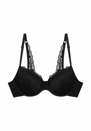 Czarny koronkowy stanik z wyprofilowanymi miseczkami, falbaniastym koronkowym wykończeniem na krawędziach, regulowanymi ramiączkami oraz gładkim pasem na plecach.