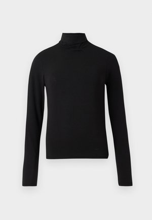 Zwarte coltrui gemaakt van zachte, rekbare stof. Heeft lange mouwen en een aansluitend ontwerp, met een gladde textuur en zonder patronen.